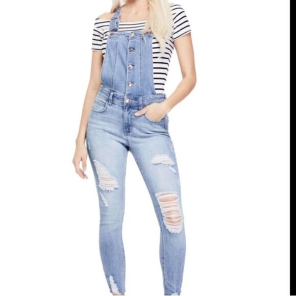Guess Distressed Light Wash Rose Button Front Skinny Overalls Women’s 25 EUC - Picture 1 of 14
